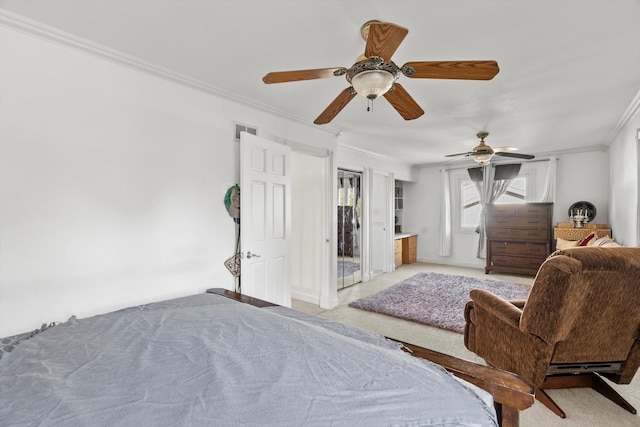 bedroom featuring crown molding, light colored carpet, a ceiling fan, and baseboards