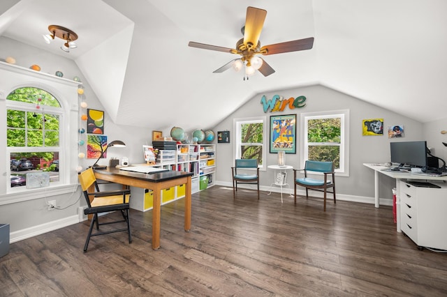 office with lofted ceiling, wood finished floors, baseboards, and ceiling fan