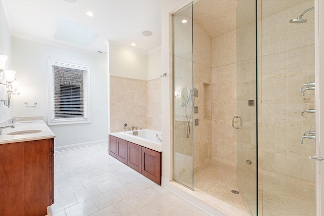 bathroom with crown molding, tile patterned flooring, a shower stall, and a bath