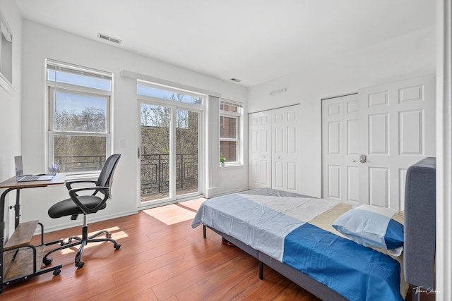 758 W 15th St Unit 3A, Chicago, IL 60607 - bedroom with visible vents, wood finished floors, access to exterior, and multiple closets
