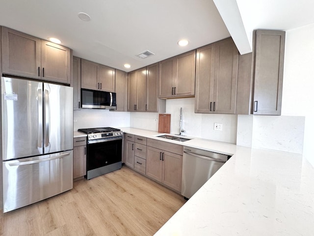 kitchen with appliances with stainless steel finishes, a sink, light wood-style floors, recessed lighting, and tasteful backsplash