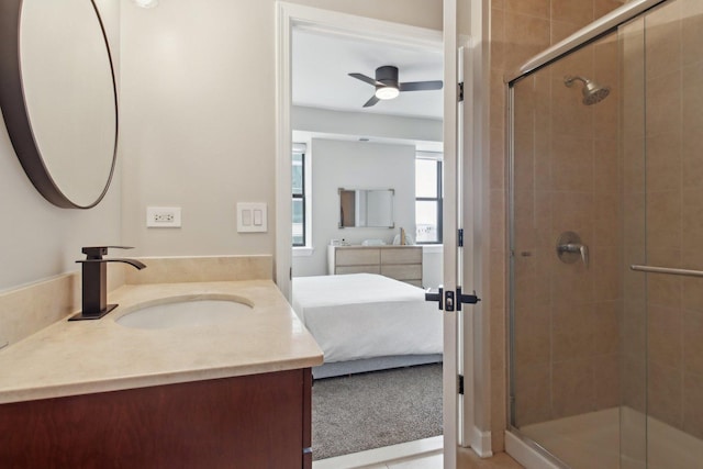 451 W Huron St Unit 1401, Chicago, IL 60654 - bathroom with ensuite bath, ceiling fan, a stall shower, and vanity