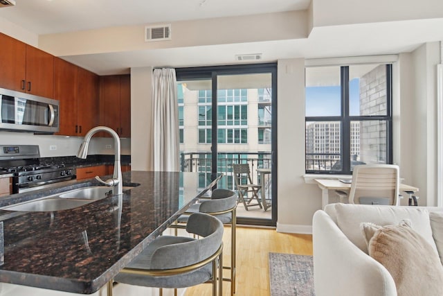 451 W Huron St Unit 1401, Chicago, IL 60654 - kitchen featuring appliances with stainless steel finishes, light wood-style flooring, brown cabinets, a sink, and dark stone counters