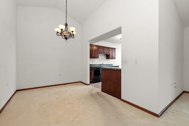 6248 Misty Pines Dr Unit 4, Tinley Park, IL 60477 - kitchen with black dishwasher, light colored carpet, a chandelier, baseboards, and high vaulted ceiling