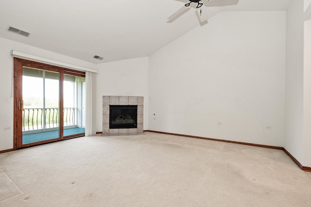 6248 Misty Pines Dr Unit 4, Tinley Park, IL 60477 - unfurnished living room with light carpet, baseboards, a ceiling fan, a tiled fireplace, and lofted ceiling