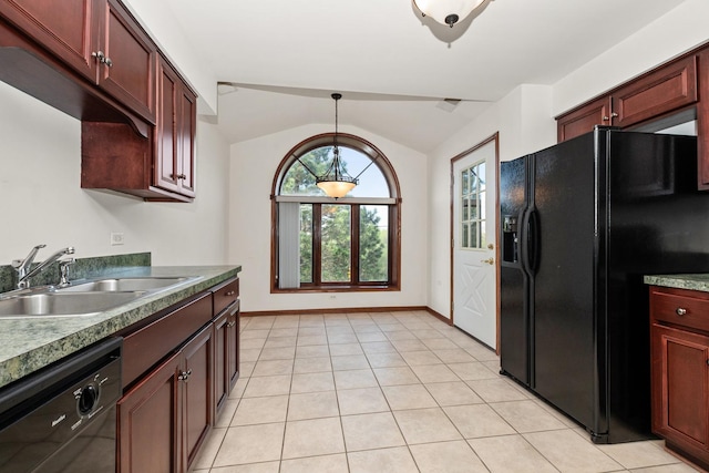 6248 Misty Pines Dr Unit 4, Tinley Park, IL 60477 - kitchen featuring black appliances, a sink, vaulted ceiling, baseboards, and hanging light fixtures