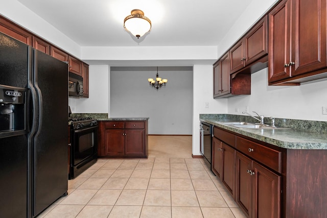 6248 Misty Pines Dr Unit 4, Tinley Park, IL 60477 - kitchen featuring black appliances, a sink, a chandelier, dark countertops, and reddish brown cabinets