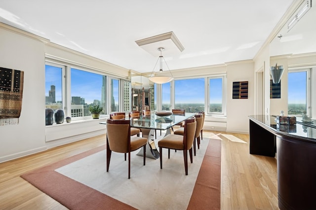 132 E Delaware Pl Unit 4901, Chicago, IL 60611 - dining room featuring light wood finished floors, healthy amount of natural light, a view of skyline, ornamental molding, and baseboards