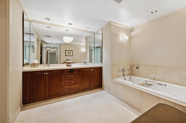 132 E Delaware Pl Unit 4901, Chicago, IL 60611 - full bathroom featuring tile patterned flooring, a bath, double vanity, crown molding, and recessed lighting