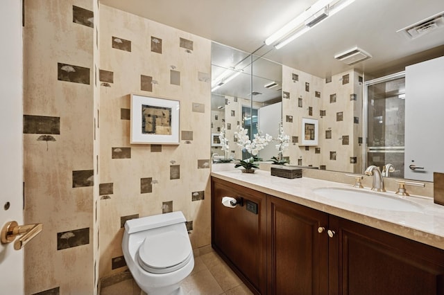 132 E Delaware Pl Unit 4901, Chicago, IL 60611 - full bath with a stall shower, toilet, tile patterned floors, vanity, and wallpapered walls