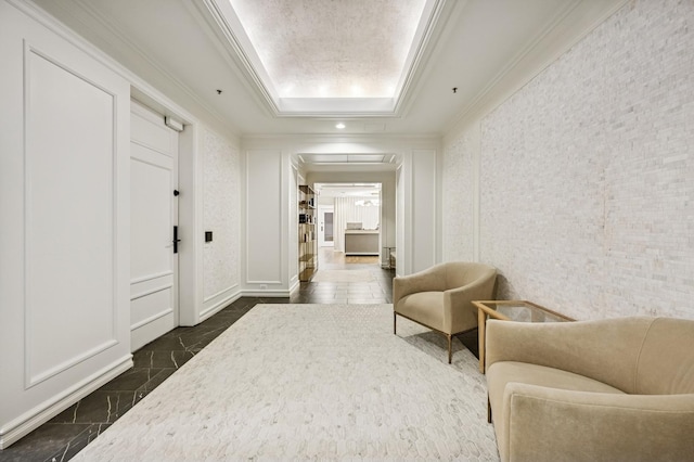 132 E Delaware Pl Unit 4901, Chicago, IL 60611 - living area featuring a raised ceiling, ornamental molding, and attic access