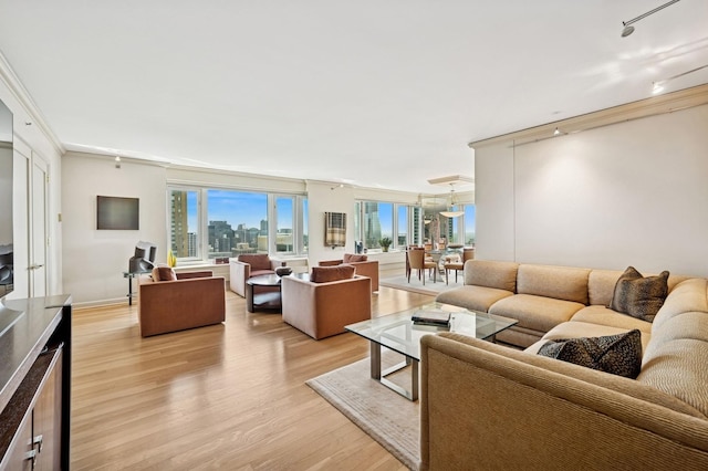 132 E Delaware Pl Unit 4901, Chicago, IL 60611 - living area featuring light wood-style flooring, a view of skyline, and ornamental molding
