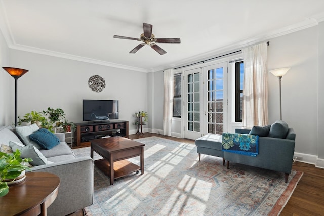 1755 E 55th St Unit 1204, Chicago, IL 60615 - living area with wood finished floors, ornamental molding, a ceiling fan, french doors, and baseboards
