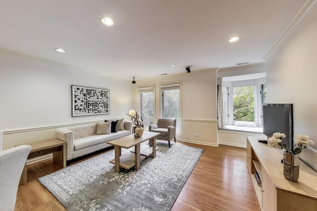 215 W Concord Ln, Chicago, IL 60614 - living room with ornamental molding, wainscoting, light wood-style flooring, and recessed lighting