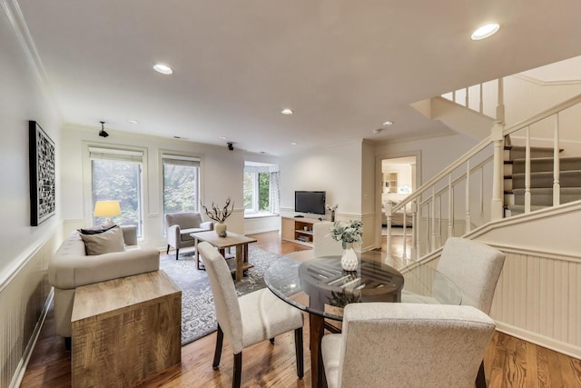 215 W Concord Ln, Chicago, IL 60614 - dining room featuring crown molding, stairway, wood finished floors, recessed lighting, and a wainscoted wall