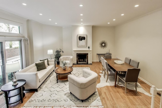 215 W Concord Ln, Chicago, IL 60614 - living area featuring light wood finished floors, a fireplace with raised hearth, recessed lighting, ornamental molding, and baseboards
