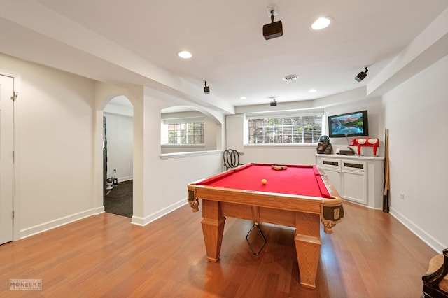1254 Townes Cir, Aurora, IL 60502 - game room with light wood-style flooring, recessed lighting, billiards table, and arched walkways