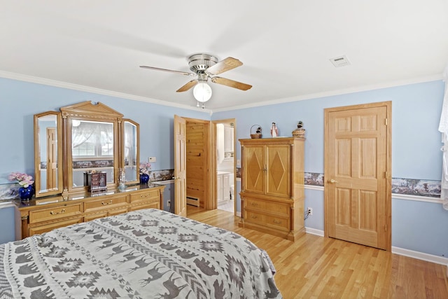 bedroom featuring crown molding, light wood-type flooring, a baseboard heating unit, a ceiling fan, and baseboards