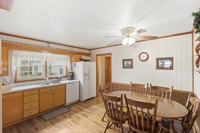 dining space with ornamental molding, wallpapered walls, ceiling fan, light wood finished floors, and a wainscoted wall