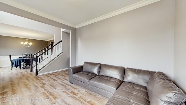 3756 Innesbrook Ct, Algonquin, IL 60102 - living room featuring a chandelier, crown molding, light wood finished floors, baseboards, and stairs