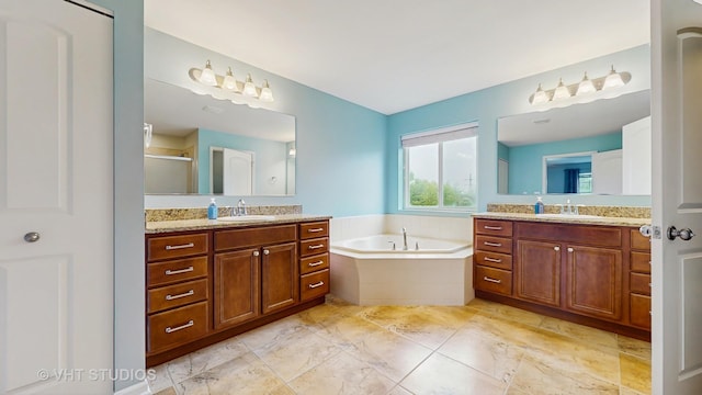 3756 Innesbrook Ct, Algonquin, IL 60102 - bathroom with two vanities, a stall shower, and a garden tub