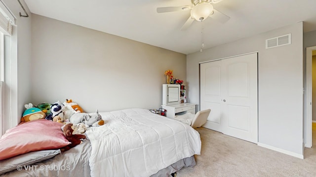 3756 Innesbrook Ct, Algonquin, IL 60102 - bedroom featuring light carpet, a closet, ceiling fan, and baseboards