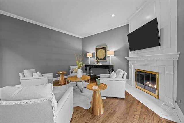 4N749 Old Farm Rd, Saint Charles, IL 60175 - living room featuring wood finished floors, crown molding, a fireplace, baseboards, and recessed lighting