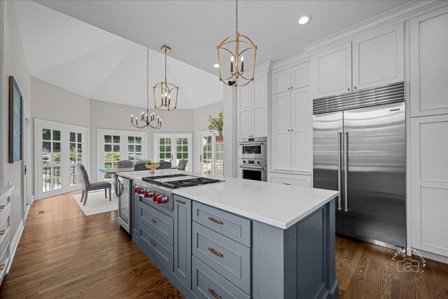 4N749 Old Farm Rd, Saint Charles, IL 60175 - kitchen with stainless steel appliances, a chandelier, white cabinets, dark wood-style floors, and gray cabinets