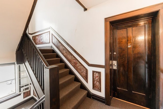 stairs featuring carpet