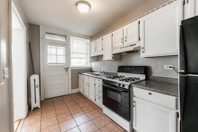 kitchen with range with gas stovetop, radiator, under cabinet range hood, freestanding refrigerator, and a sink