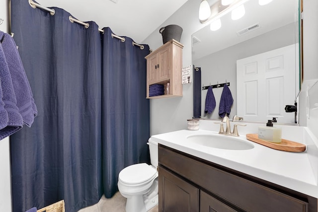 full bath with vanity, toilet, tile patterned flooring, and curtained shower