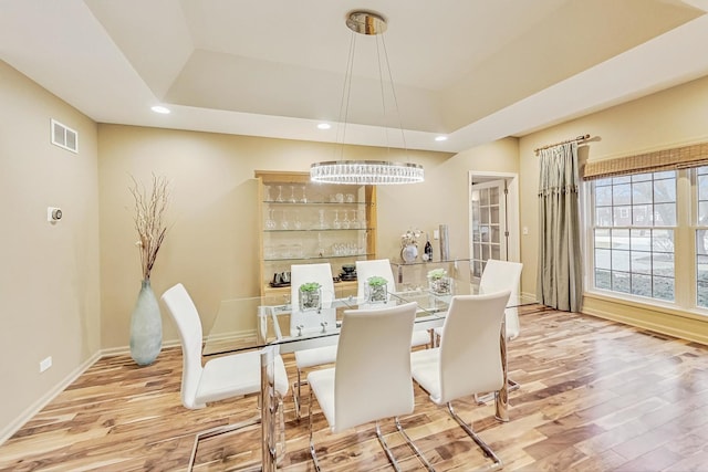 2020 Techny Rd, Northbrook, IL 60062 - dining room featuring recessed lighting, an inviting chandelier, visible vents, wood finished floors, and a raised ceiling