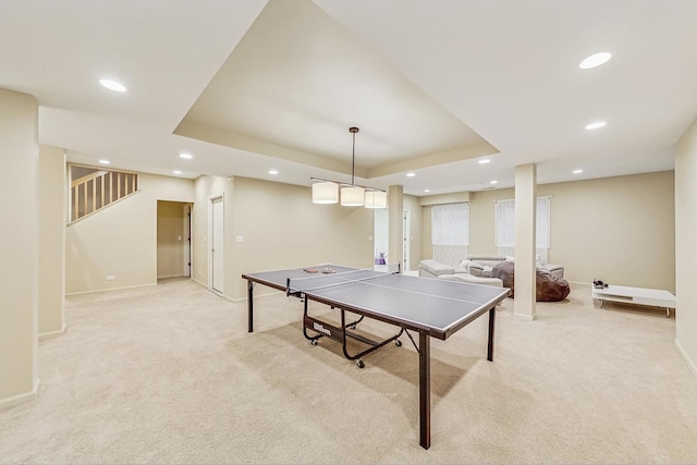 2020 Techny Rd, Northbrook, IL 60062 - rec room with a tray ceiling, light carpet, baseboards, and recessed lighting