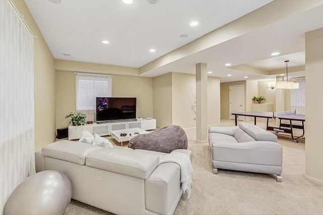 2020 Techny Rd, Northbrook, IL 60062 - living room featuring baseboards, light carpet, a tray ceiling, and recessed lighting