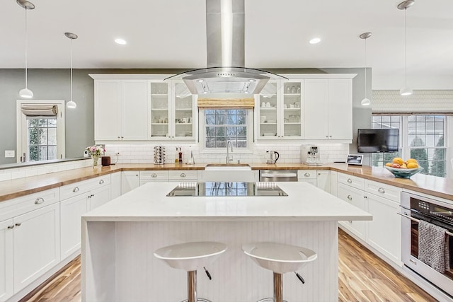 2020 Techny Rd, Northbrook, IL 60062 - kitchen with a sink, a peninsula, stainless steel appliances, light wood-style flooring, and island range hood