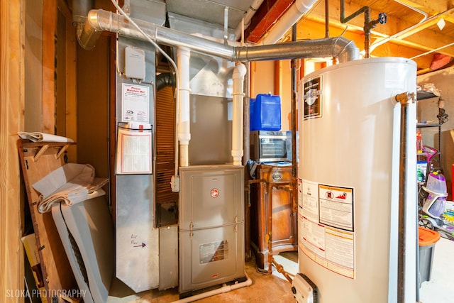 utility room with gas water heater and heating unit
