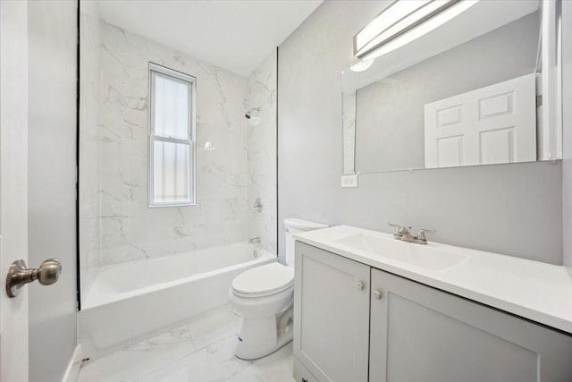 bathroom featuring marble look tile flooring, toilet, vanity, and bathing tub / shower combination