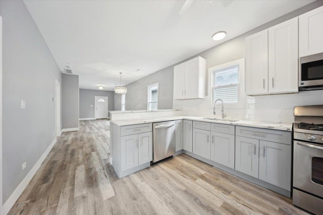 kitchen with appliances with stainless steel finishes, a sink, a peninsula, light wood-style floors, and decorative backsplash