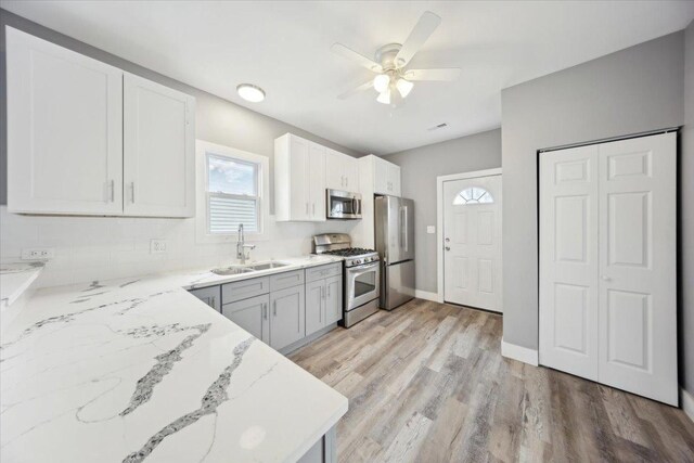 kitchen featuring stainless steel appliances, a sink, a ceiling fan, light stone counters, and light wood finished floors