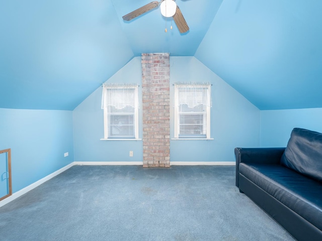 2504 W St, River Grove, IL 60171 - sitting room featuring carpet floors, baseboards, vaulted ceiling, ceiling fan, and plenty of natural light