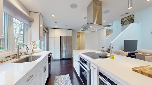 1322 Downs Pkwy, Libertyville, IL 60048 - kitchen featuring stainless steel appliances, a sink, island exhaust hood, dark wood-type flooring, and tasteful backsplash