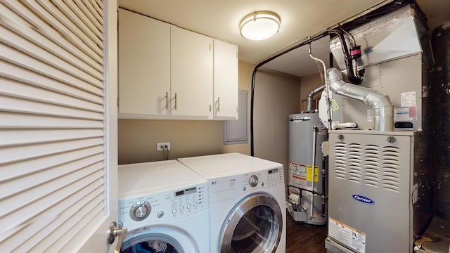 1322 Downs Pkwy, Libertyville, IL 60048 - laundry area featuring independent washer and dryer, gas water heater, cabinet space, dark wood finished floors, and heating unit