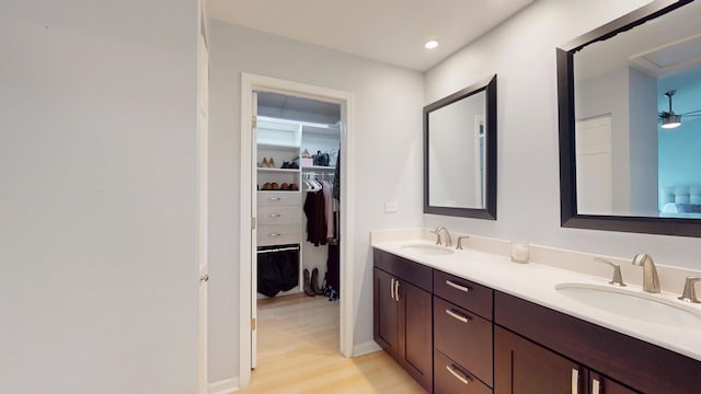 1322 Downs Pkwy, Libertyville, IL 60048 - bathroom featuring wood finished floors, double vanity, a spacious closet, and recessed lighting
