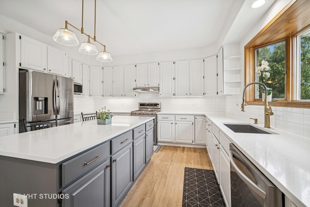 kitchen featuring gray cabinetry, appliances with stainless steel finishes, a sink, white cabinetry, and open shelves