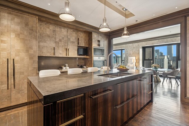 77 E Walton St Unit 25C, Chicago, IL 60611 - kitchen featuring a sink, crown molding, dark wood-style floors, hanging light fixtures, and a spacious island