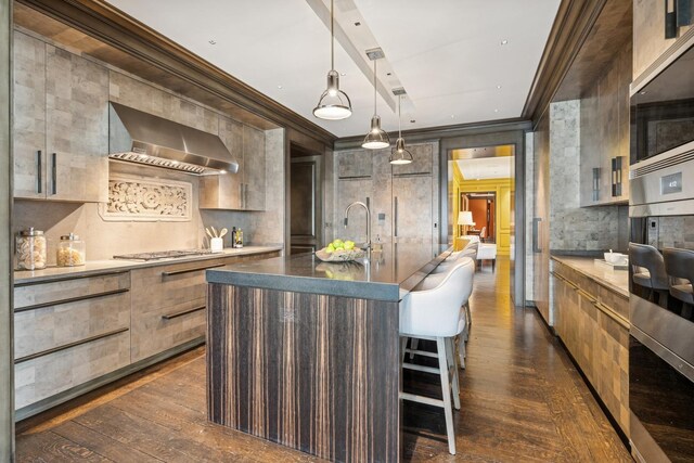 77 E Walton St Unit 25C, Chicago, IL 60611 - kitchen featuring wall chimney exhaust hood, dark wood-style floors, stainless steel appliances, ornamental molding, and a center island with sink