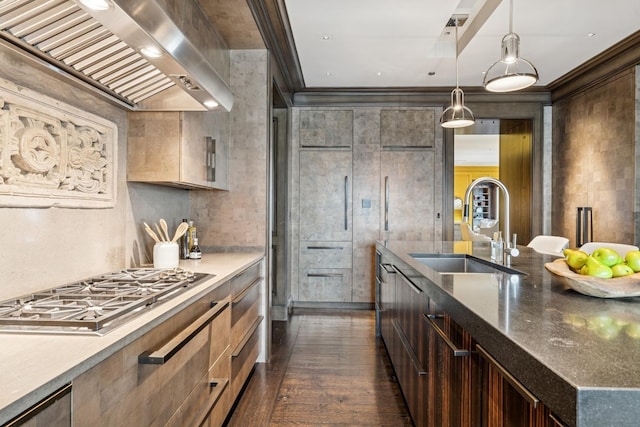 77 E Walton St Unit 25C, Chicago, IL 60611 - kitchen featuring custom exhaust hood, a sink, stainless steel gas cooktop, dark wood-type flooring, and decorative light fixtures
