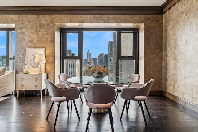 77 E Walton St Unit 25C, Chicago, IL 60611 - dining space featuring crown molding, dark wood-style flooring, healthy amount of natural light, and a view of skyline