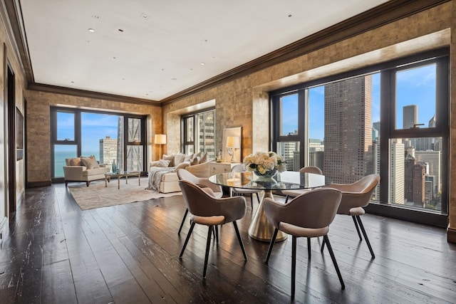 77 E Walton St Unit 25C, Chicago, IL 60611 - dining room with crown molding, healthy amount of natural light, dark wood-style floors, and a city view