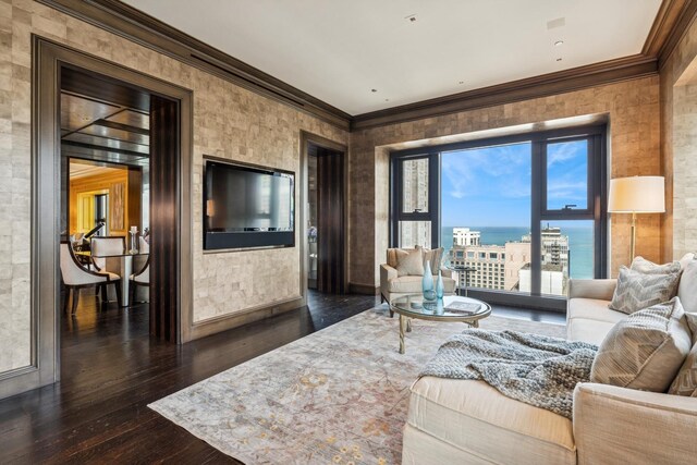 77 E Walton St Unit 25C, Chicago, IL 60611 - living area featuring dark wood finished floors and crown molding
